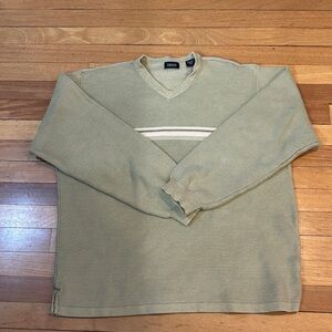 Izod Sweater Mens Large Green Gray Slim Long Sleeve Knit V Neck 100% Cotton P8